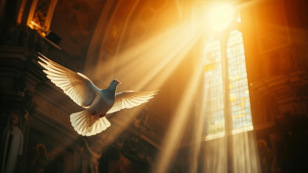 Zdjęcie gołąb latający w kościele z promieniami światła i soczewką