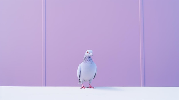 Gołąb stoi z ciekawym spojrzeniem na czystej białej powierzchni na tle pastelowo-fioletowego