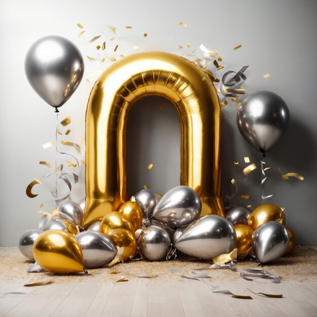 Zdjęcie gold and silver balloon with foil confetti falling with blank banner on black background 3d render