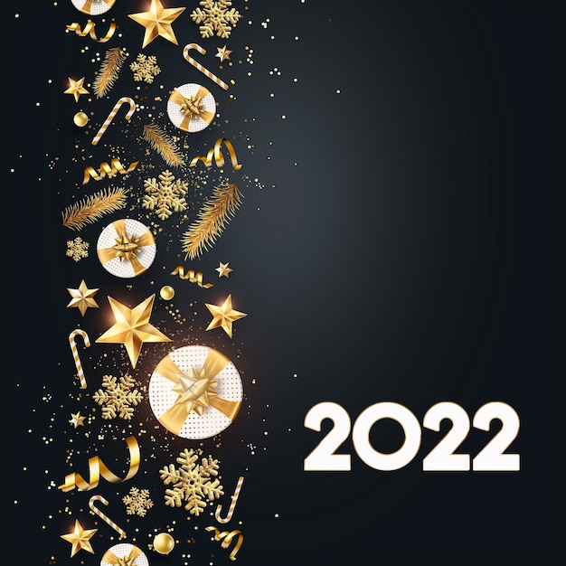 Gold Numbers 2022 luksus, vip na ciemnym tle. Szczęśliwego Nowego Roku. Nowoczesny design, szablon, nagłówek strony, plakat, kartka sylwestrowa, ulotka. Ilustracja 3D, renderowanie 3D.