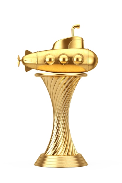 Golden Award Trophy Toy Cartoon Styled Submarine na białym tle. Renderowanie 3D