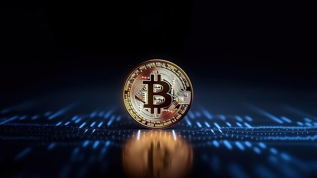 Golden Bitcoin Cryptocurrency Coin Luminous Technology Surface Digital Money Generative AI