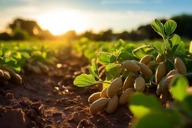 Golden Fields Niskokątny widok na plantację orzeszków ziemnych generatywną autorstwa AI