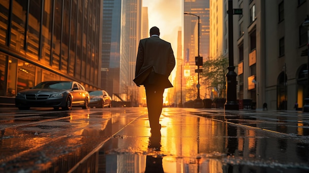 Golden Hour Hustle Businessman Navigates Rainy Wall Street Rim Light Copy Space