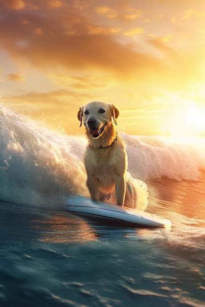 Golden labrador retriever surfer na desce surfingowej