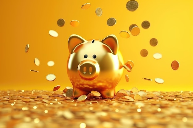 Golden Piggy Bank z oszczędnościami spadających monet i koncepcją inwestycyjną Generative AI