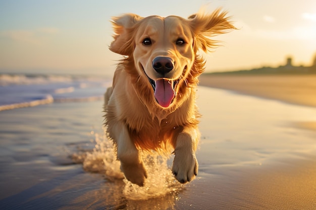 Golden retriever biegający po piaszczystej plaży uchwycił czystą radość w ruchu