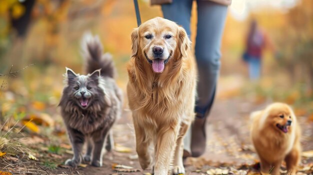 Zdjęcie golden retriever i british shorthair towarzyszą swojemu właścicielowi