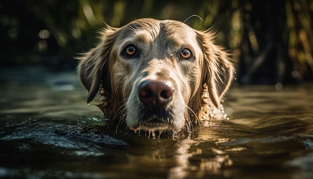 Golden retriever lubi figlarnie pływać w spokojnym jesiennym pięknie generowanym przez sztuczną inteligencję