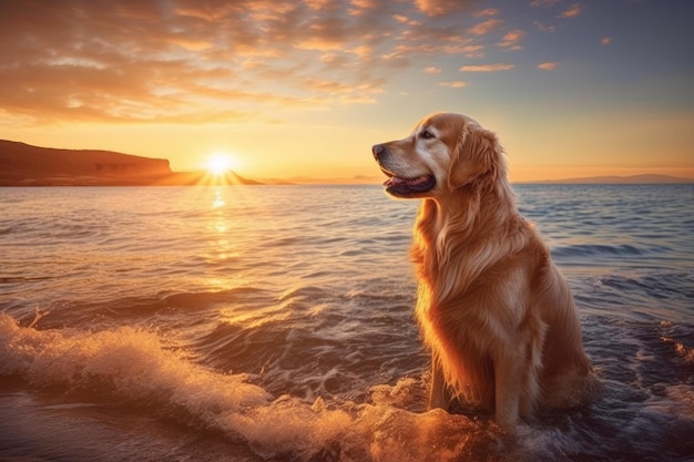 Golden retriever na plaży o zachodzie słońca Generatywna sztuczna inteligencja