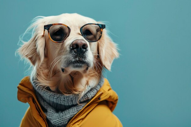 Golden Retriever noszący ubrania i okulary przeciwsłoneczne na niebieskim tle