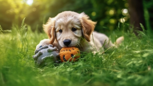 Golden retriever pies bawi się piłką