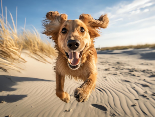 Golden retriever pies biegnie przez piasek.