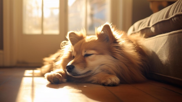 Golden retriever pies leżący w salonie. Obraz AI. Sztuka wygenerowana