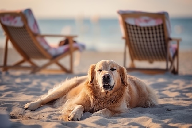 Golden retriever pies na plaży z krzesłem w tle