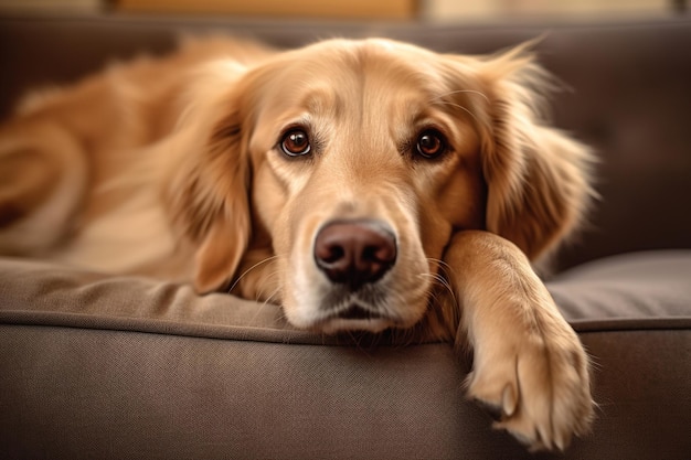 Golden retriever pies odpoczywa na poduszce.