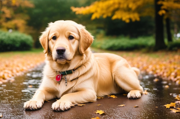 Golden retriever pies r. na skale w parku.
