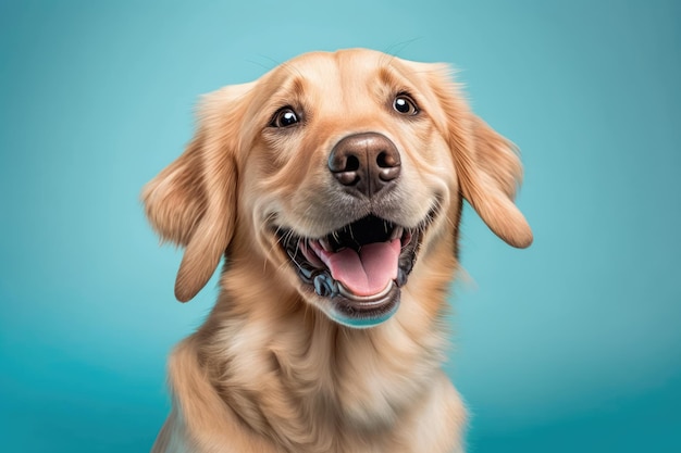 Golden retriever pies uśmiecha się w generatywnym tle cyjan ai