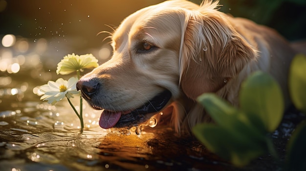 Golden retriever pływanie psów lotos staw woda obraz AI Wygenerowana sztuka