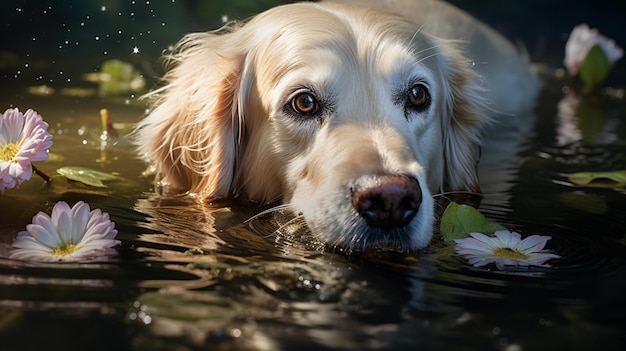 Golden retriever pływanie psów lotos staw woda obraz AI Wygenerowana sztuka