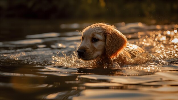 Golden Retriever Puppy po raz pierwszy pływać w jeziorze