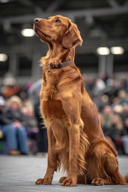 Zdjęcie golden retriever siedzący przed tłumem