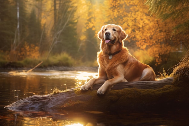 Golden retriever siedzi na skale w rzece.