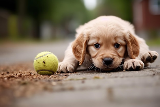 Golden retriever z piłką tenisową w pysku