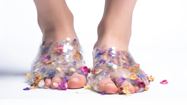 gołe nogi kobiety z kwiatowym butem na dnie.