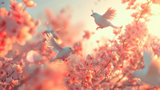 Gołębie latające na niebie z różowymi kwiatami