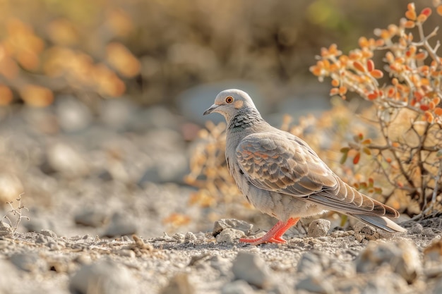 Gołębie z Galapagos szczypiące ziemię swoje czerwone nogi kontrastujące z zakurzonym szlakiem