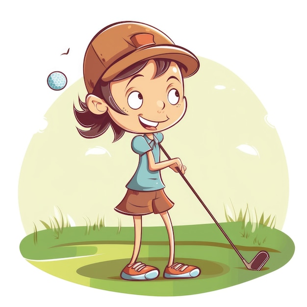 Golfista dziewczyna gra ilustracja kreskówka zielone tło z generatywnej ai