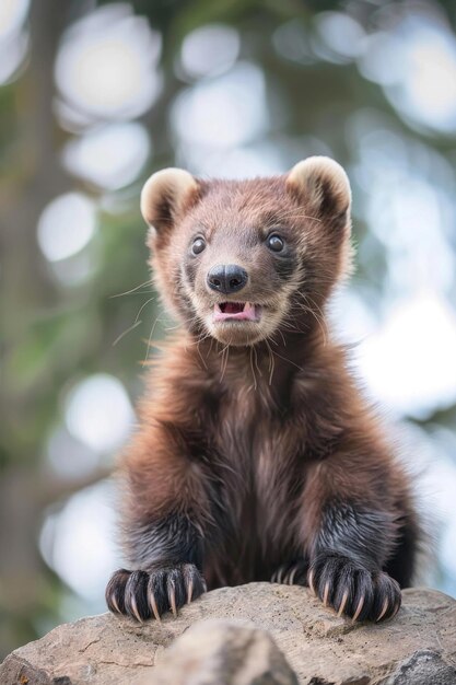 Goofy wolverine cub z zaskoczonym wyrazem twarzy i dużymi, puszystymi łapami