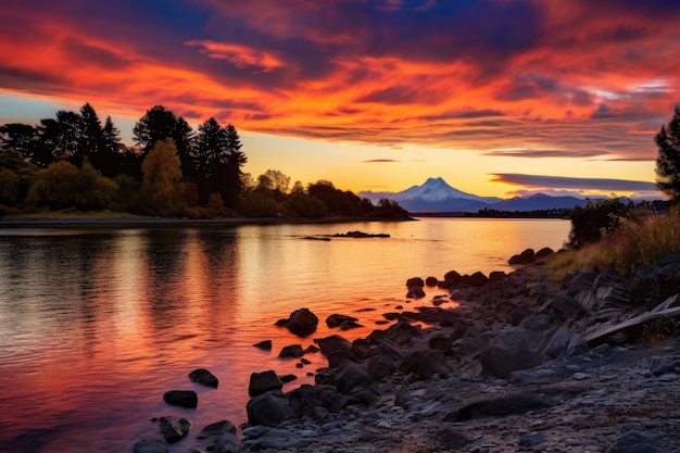 Góra Fuji i jezioro Kawaguchiko o zachodzie słońca Japonia Malowniczy zachód słońca nad rzeką Tongariro i jeziorem Taupo AI Wygenerowane