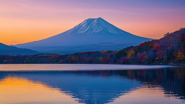 Góra Fuji i jezioro Kawaguchiko o zachodzie słońca jesienne pory roku Góra Fuji w Yamanachi w Japonii