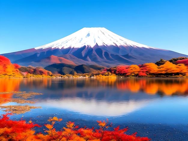 Góra Fuji i jezioro Kawaguchiko rano jesienią Góra Fuji w Yamanachi w Japonii