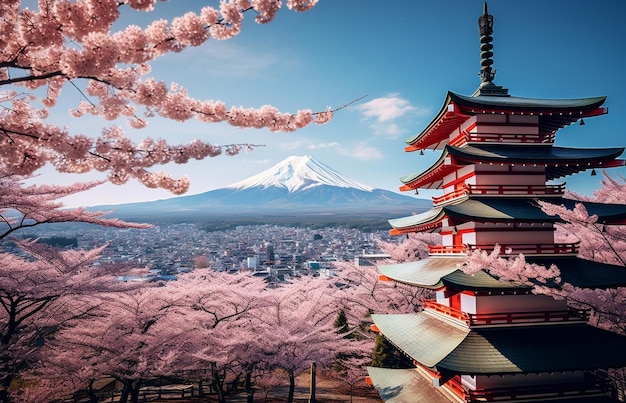 Góra Fuji i kwiaty wiśni w Japonii Kawaguchiko