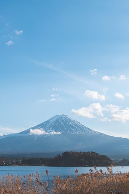 Góra Fuji z jeziora Kawaguchiko w Japonii Yamanashi Widok na jezioro z tłem górskim Fuji