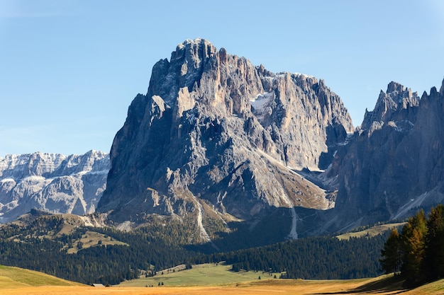 Góra Langkofel Sassolungo na płaskowyżu Seiser Alm Południowy Tyrol Włochy