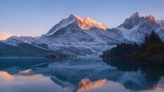 Zdjęcie góra mont blanc pokryta śniegiem odbijającym się w wodzie wieczorem w chamonix