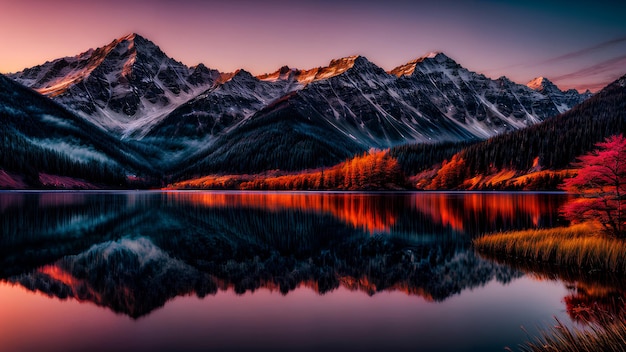 Góra z czerwonym szczytem odbija się niewyraźnie w jeziorze o zachodzie słońca lub świcie.