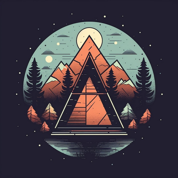 Góra z trójkątem i księżycem z drzewami w tle.