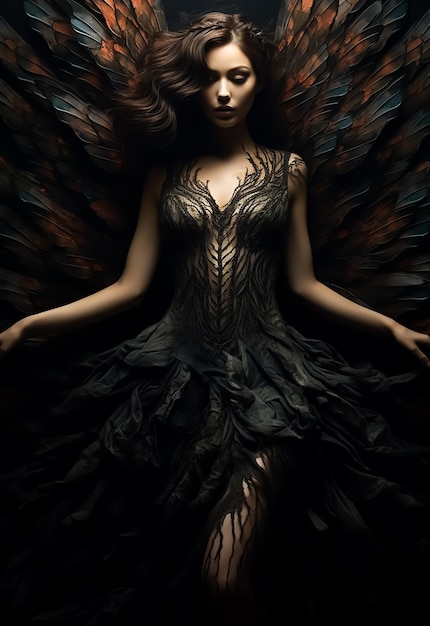 Gorąca atrakcyjna modelka Angel w eleganckiej sukience i skrzydłach z urlopu