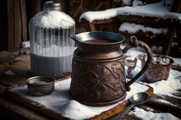 Zdjęcie gorąca czekolada podawana w żelaznym kubku w śnieżny zimowy dzień