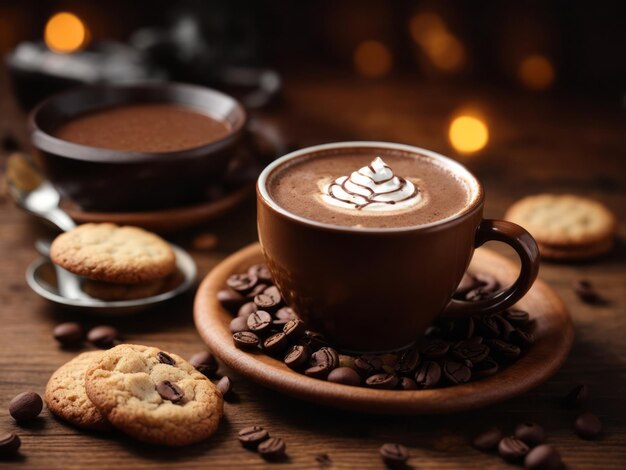 gorąca czekolada w filiżance, ziarna kawy i świeżo upieczone ciasteczka na drewnianym stole na śniadanie