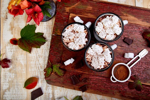 Gorąca czekolada z marshmallow cukierkami na drewnianym.