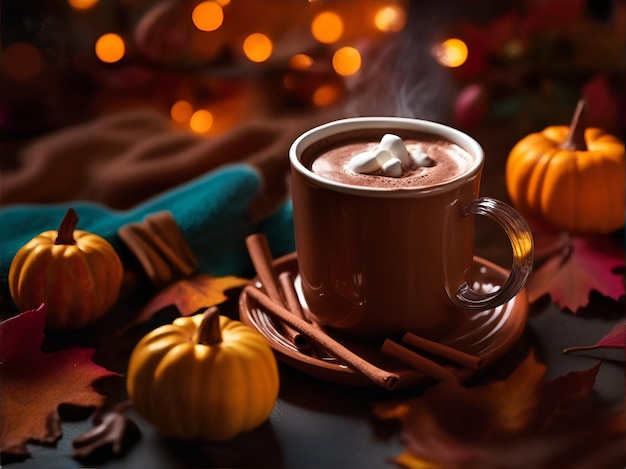 Gorąca czekolada z marshmallow i cynamon z jesiennymi liśćmi