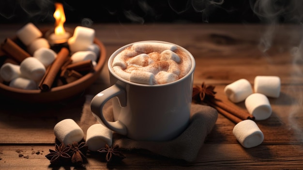 Gorąca czekolada z marshmallow i cynamonem stworzona za pomocą technologii Generative AI