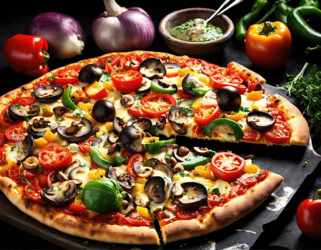 Gorąca domowa pizza wegetariańska z pieczarkami, serem mozzarella i sosem pomidorowym na stole gotowa do spożycia