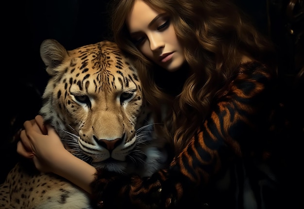 Gorąca dziewczyna uściskająca tygrysa jak swojego zwierzęcia Zimowa kolekcja mody